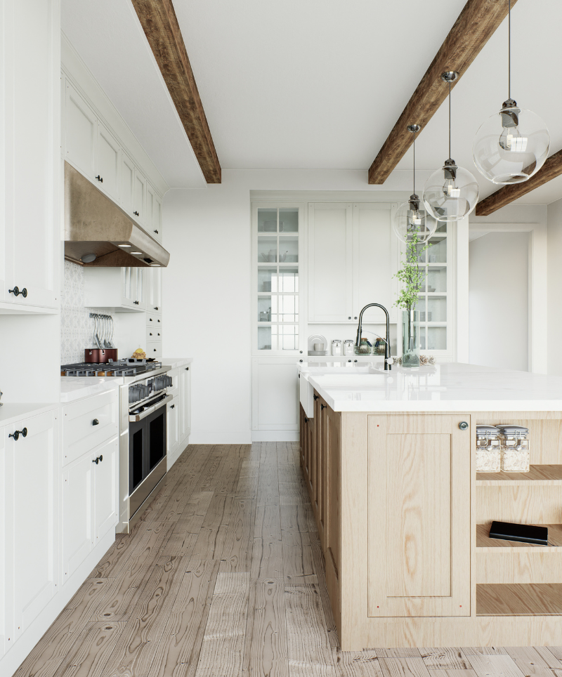Bright white kitchen remodel with wood beams and island