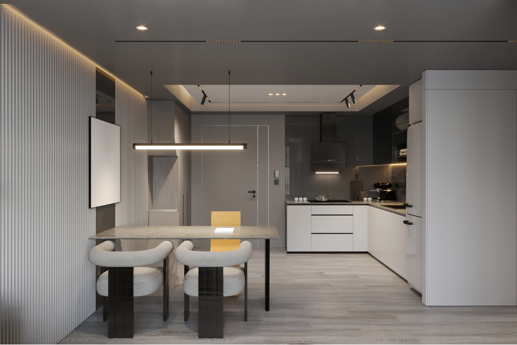 Modern gray kitchen with dining table and pendant lighting